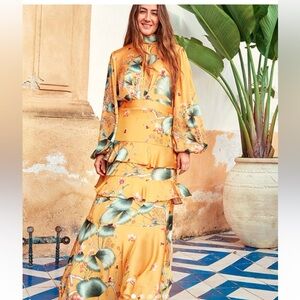 Johanna Ortiz Silk Yellow Floral Tiered Maxi Dress